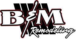 A black and white logo for b & m remodeling.